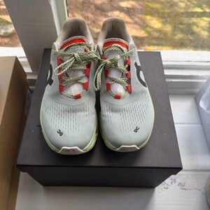 On Cloud Women's Cloud monster Running Shoes in Pale Green with Coral Accents